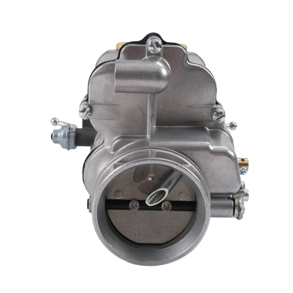 2-barrel carburetor front view with circular throttle body and silver housing
