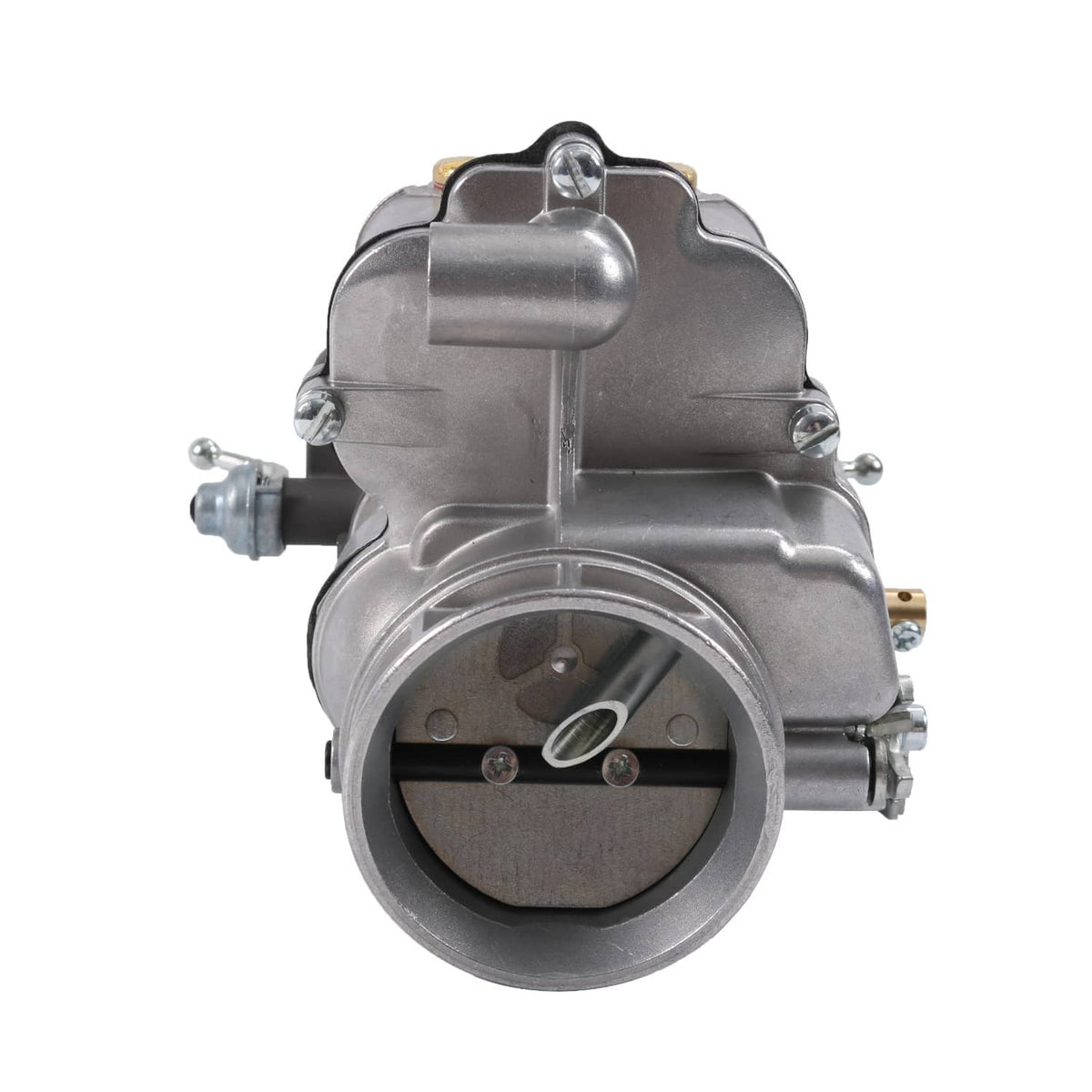 2-barrel carburetor front view with circular throttle body and silver housing