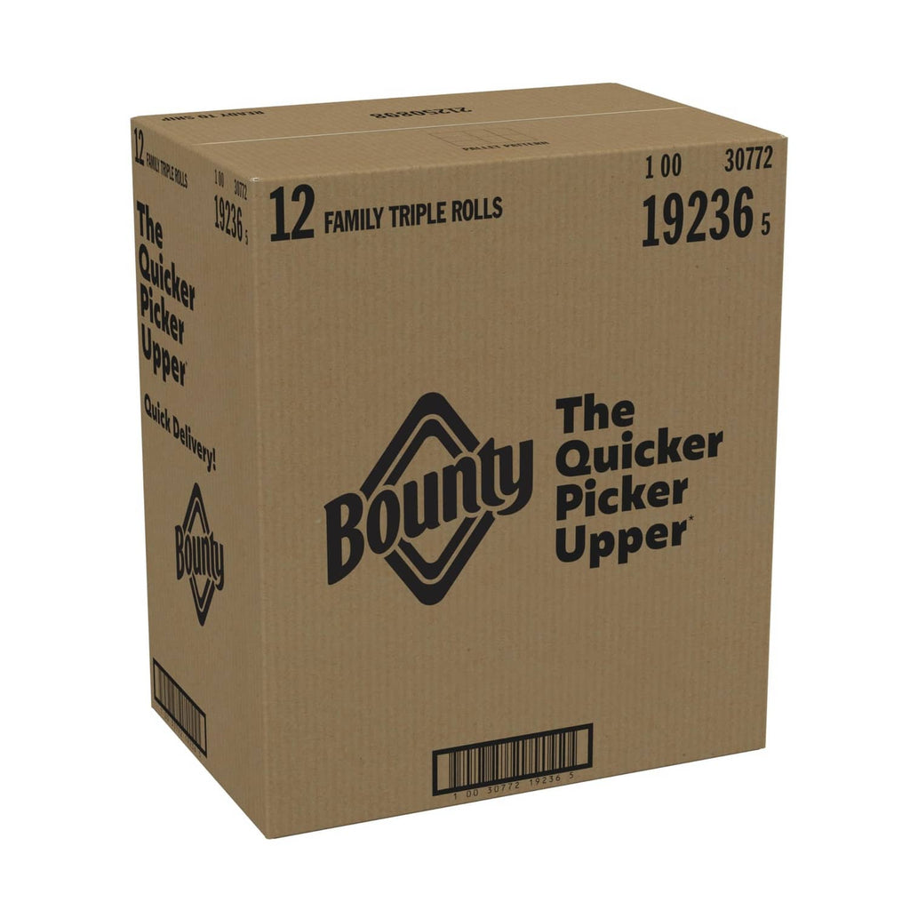 Cardboard carton of Bounty Quick-Size paper towels, white, labeled 12 family triple rolls