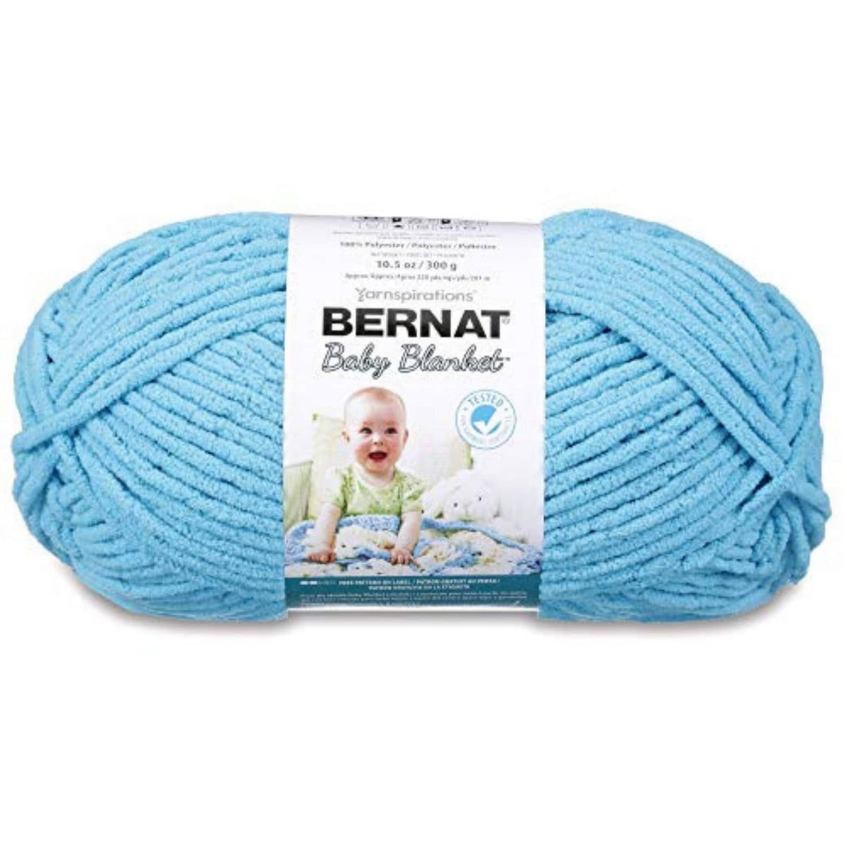 Light blue chenille-style yarn skein wrapped on paper label