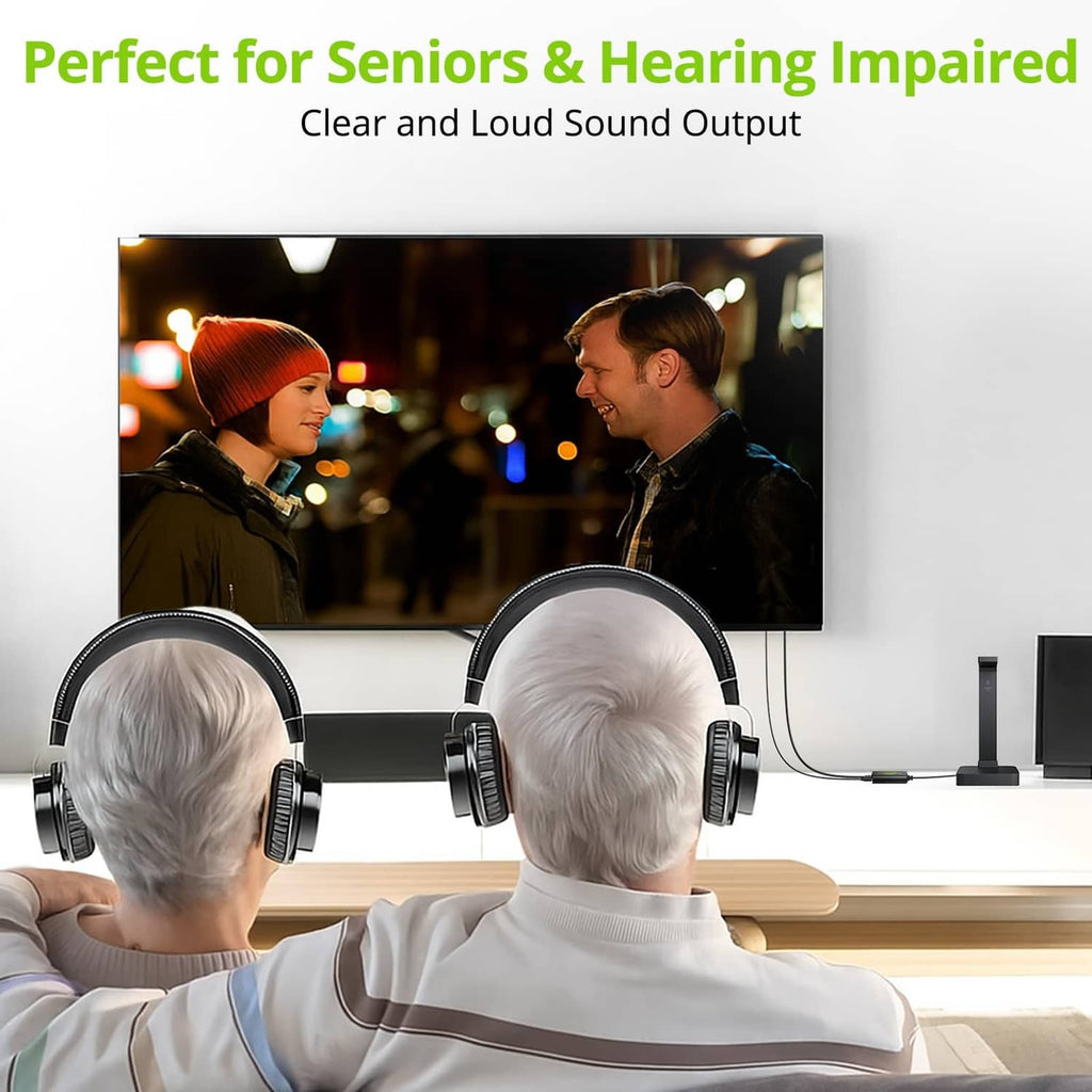 Over-ear headphones connected to TV for clear loud sound output