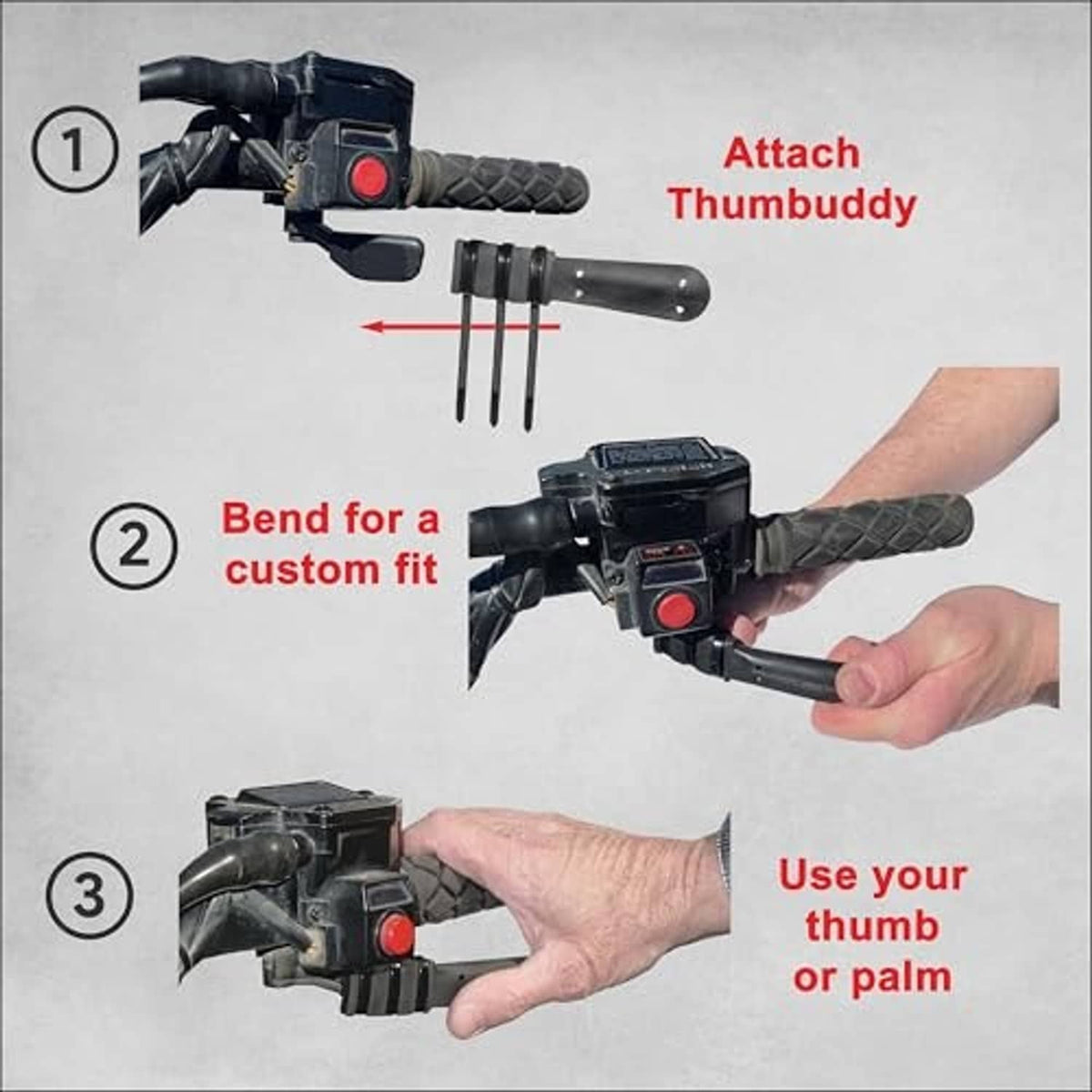 Throttle thumb extender shown being attached with zip ties to handlebar control