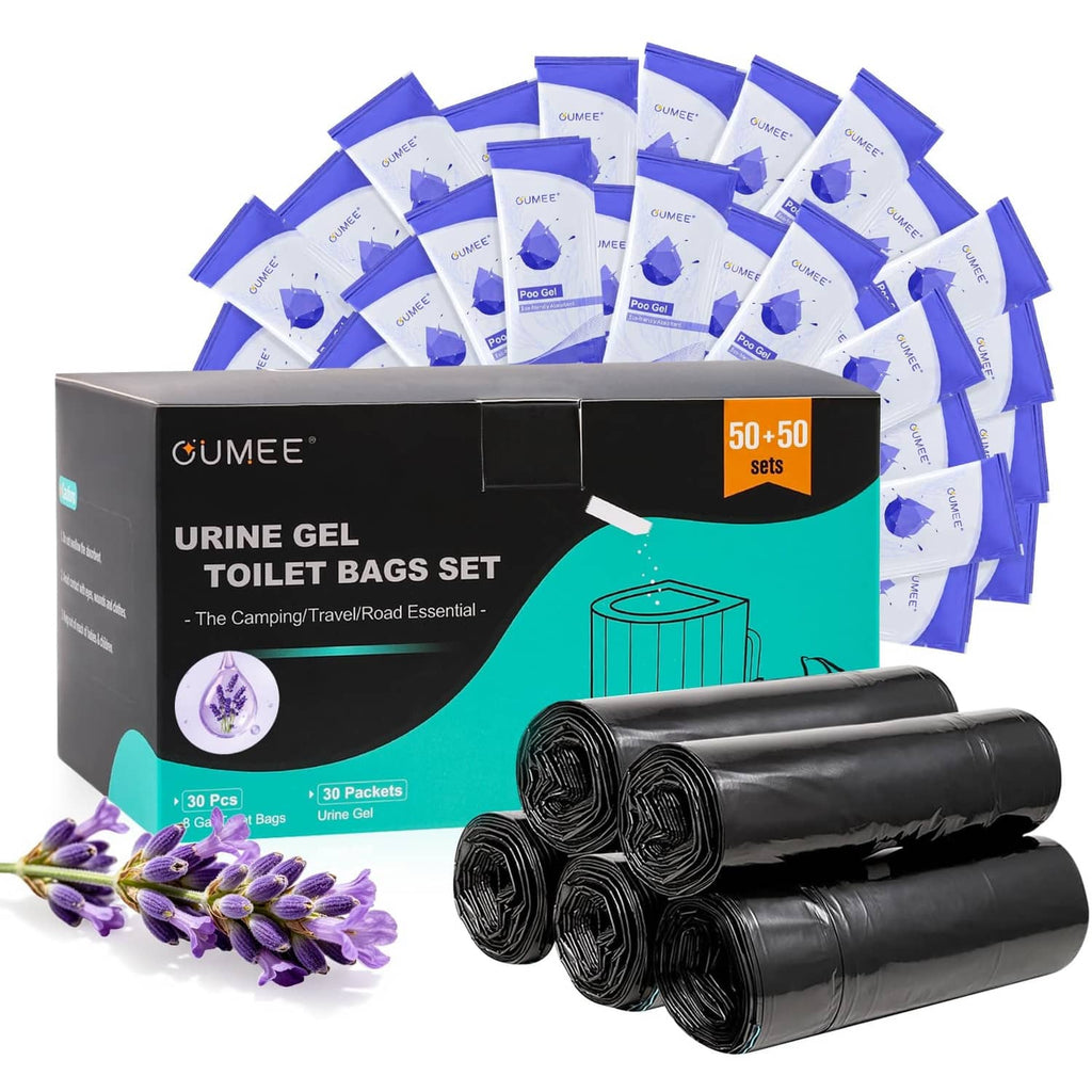 Portable toilet bag set with urine gel, lavender packets, and black waste liners in box