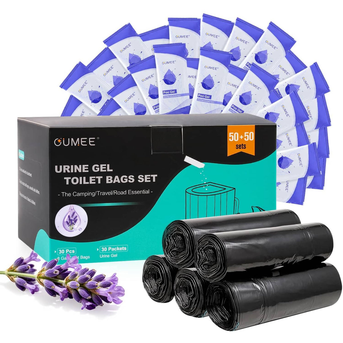 Portable toilet bag set with urine gel, lavender packets, and black waste liners in box