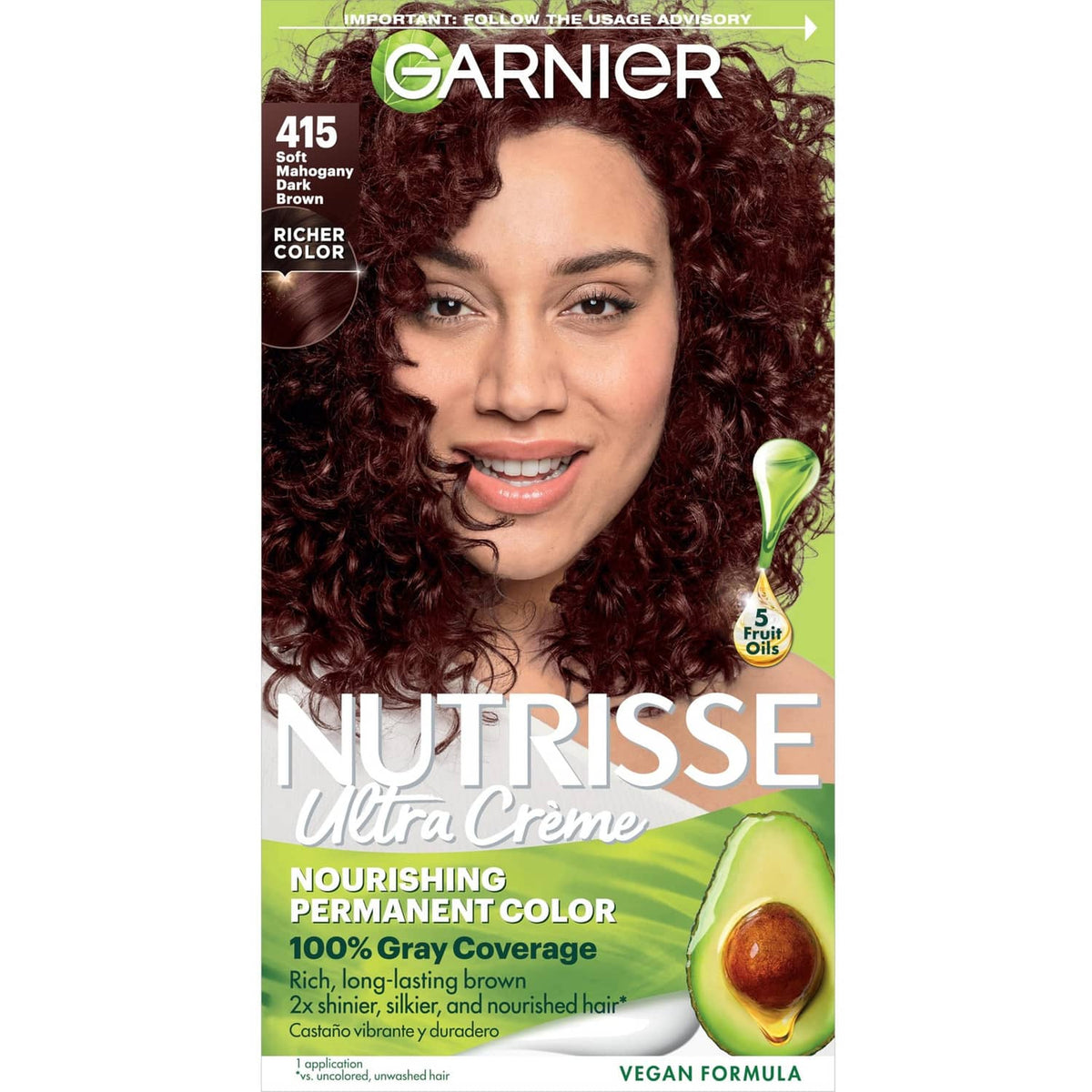 Garnier Nutrisse Ultra Creme nourishing permanent hair color kit, shade 415 soft mahogany.