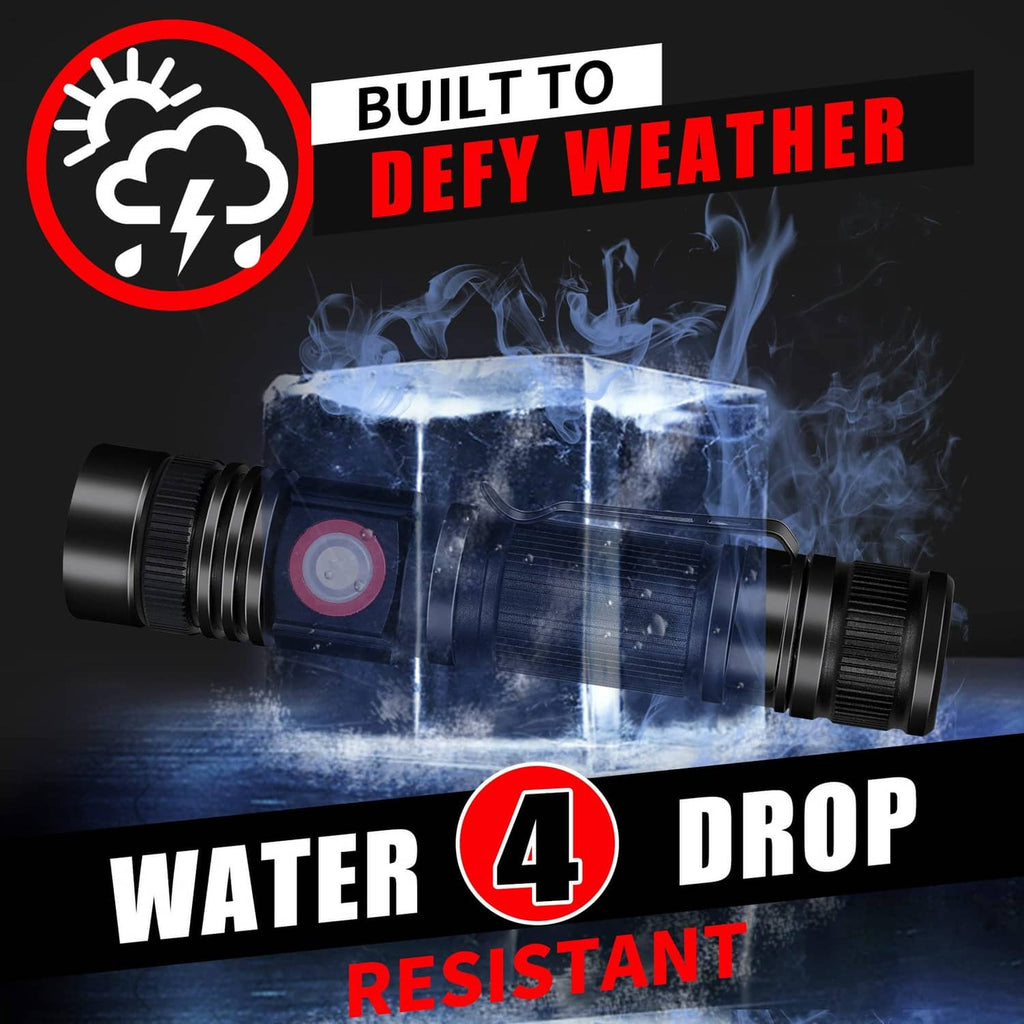 Black LED flashlight with red side button and sealed, weather-resistant design