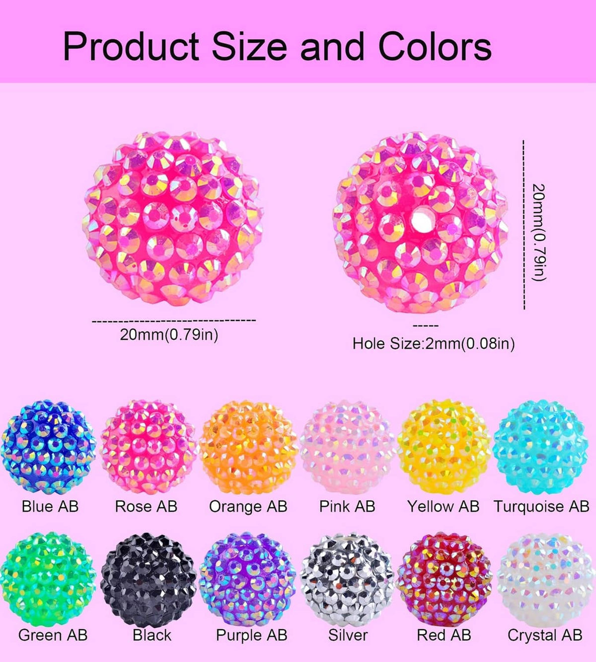Pink AB rhinestone bead balls, round faceted 20mm with small center hole