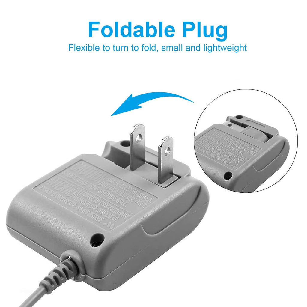 Gray foldable AC plug charger head with two prongs and side label