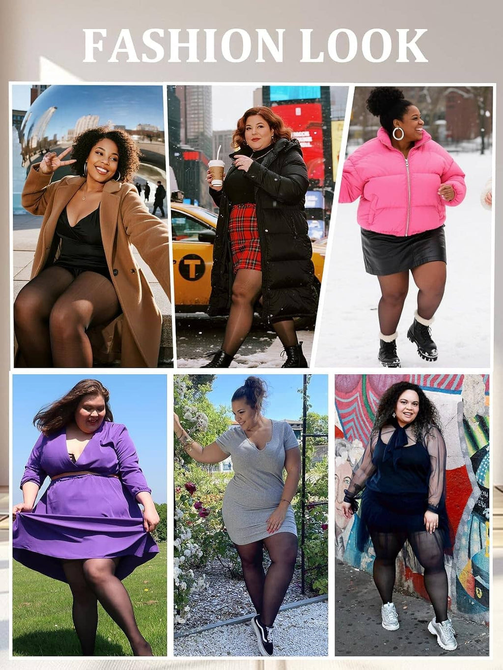 Plus size sheer tights fashion look collage with dark brown pantyhose on models