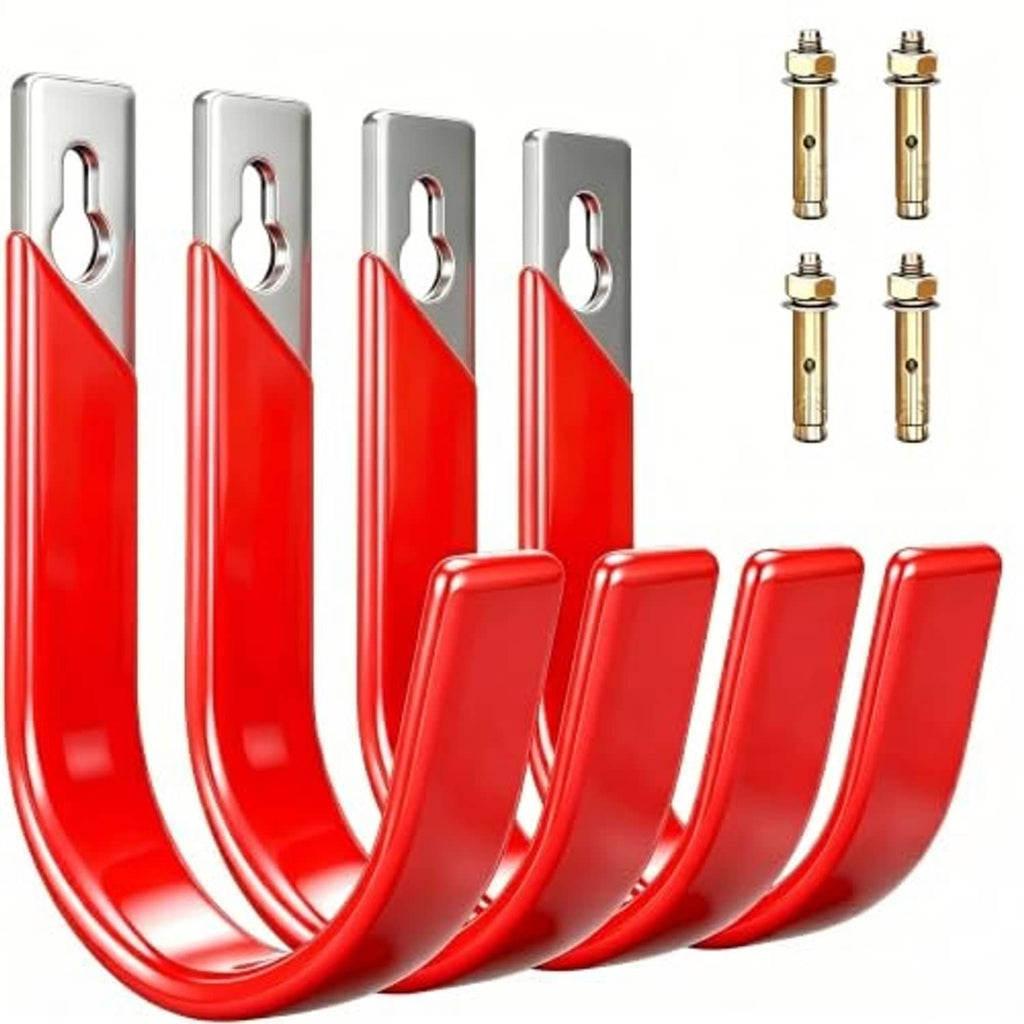 Red U-shaped wall storage hooks with gray plates and included brass screws, 4-pack