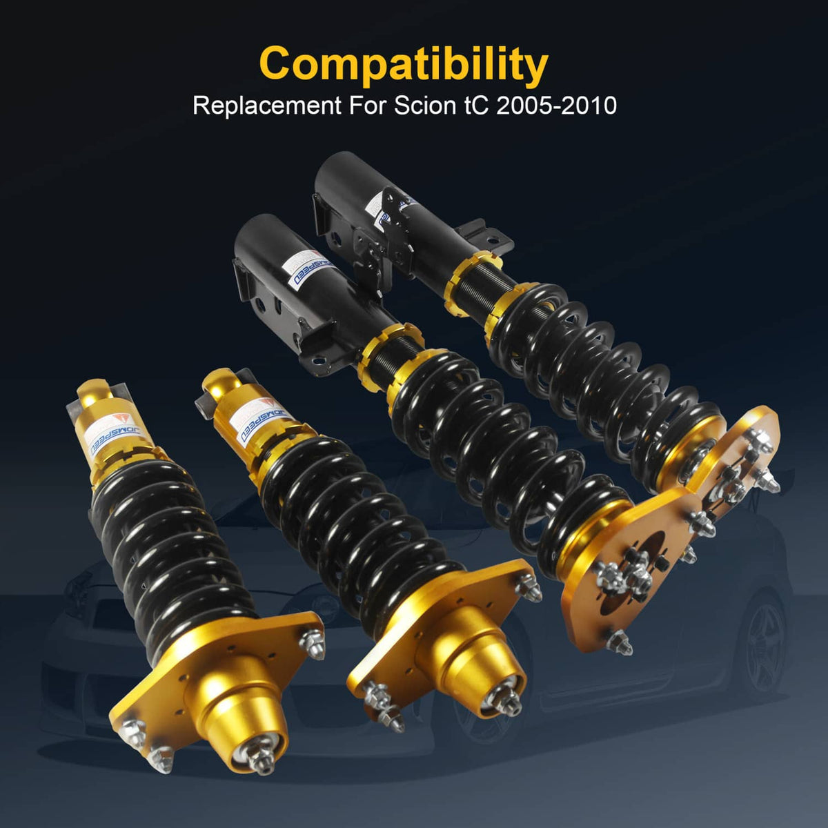 Four-piece coilover suspension kit with gold top plates, black springs, and shocks