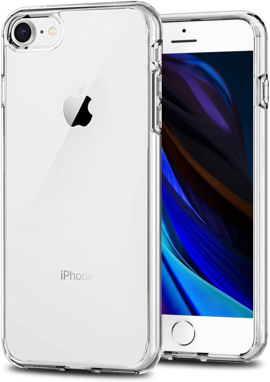 Clear TPU phone case showing back and front openings for iPhone camera and buttons