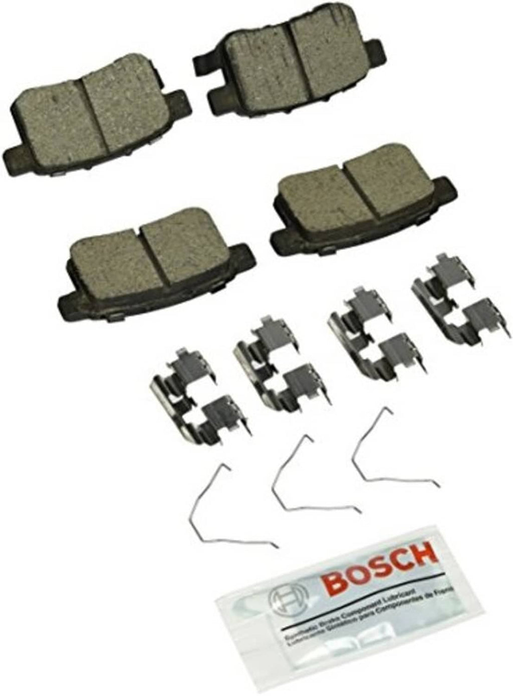 Disc brake pad set with 4 pads, metal hardware clips, and BOSCH package