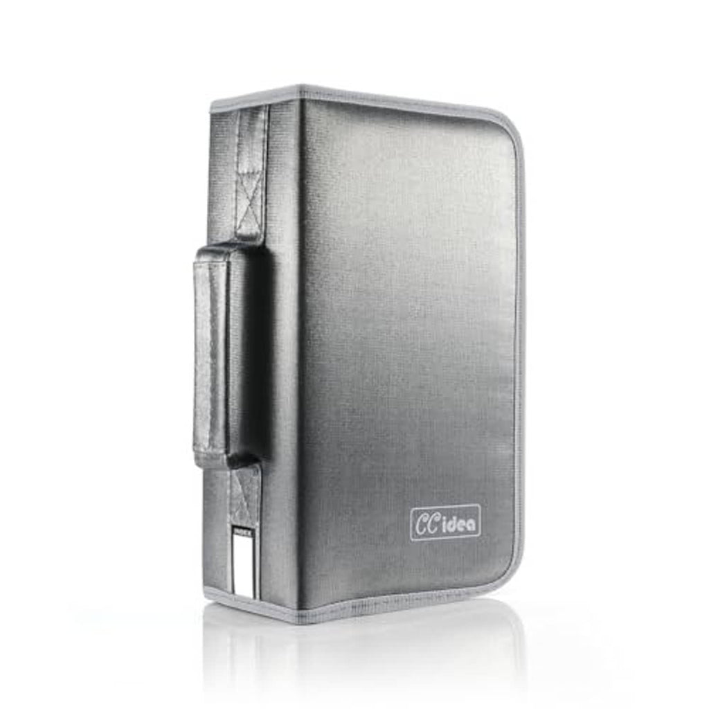 Gray DVD storage case with side handle and zipper, upright side view