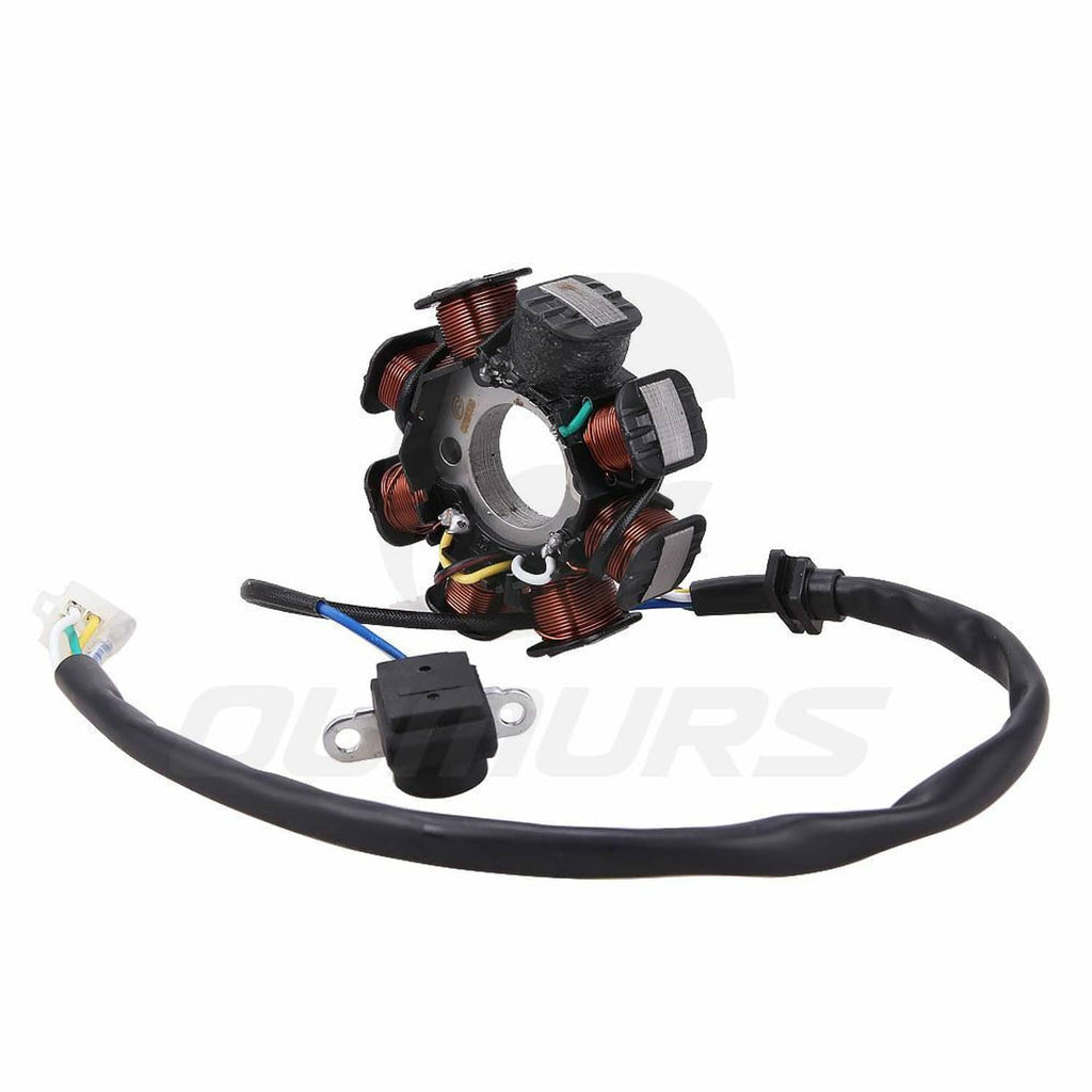 Ignition stator magneto assembly with copper windings, mounting plate, and wiring pigtails