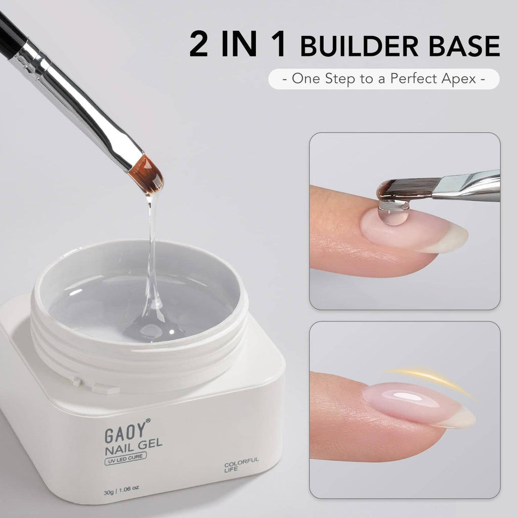 Builder base gel bottle with clear gel pour, brush, and nail application steps