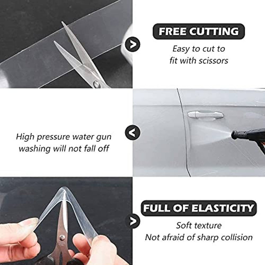 Clear car door edge protector film showing cut-to-fit and flexible, durable use