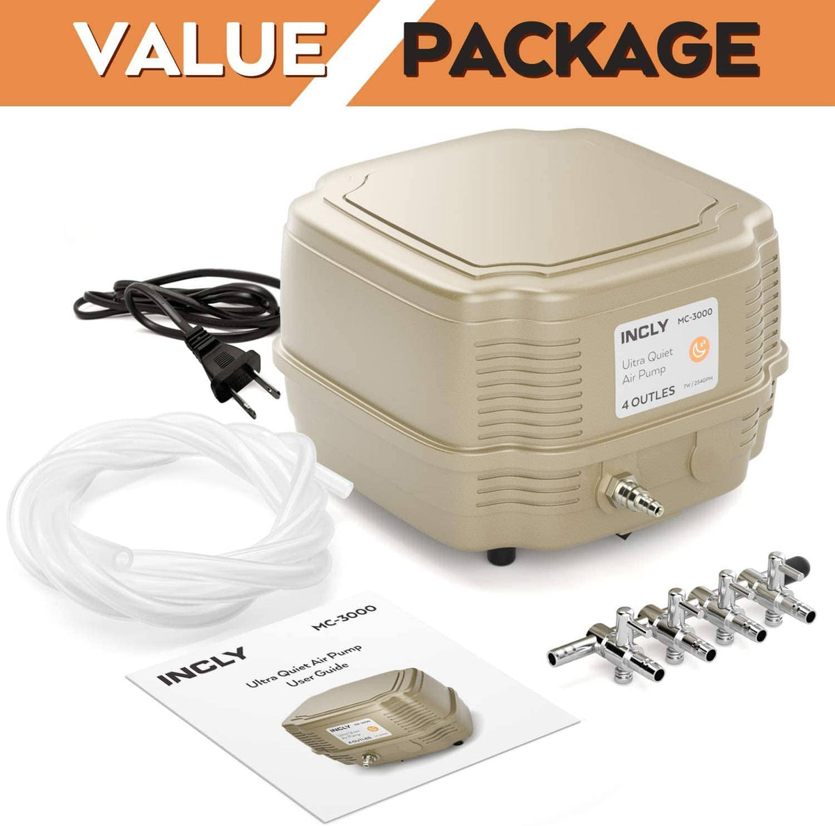 Beige aquarium air pump kit with power cord, air manifold, and outlet fittings