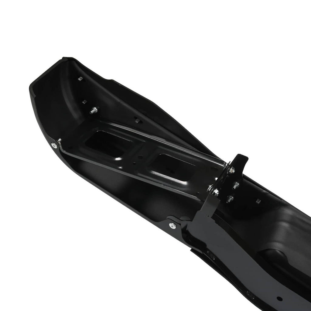 Black rear step bumper inner channel with mounting holes and support brackets