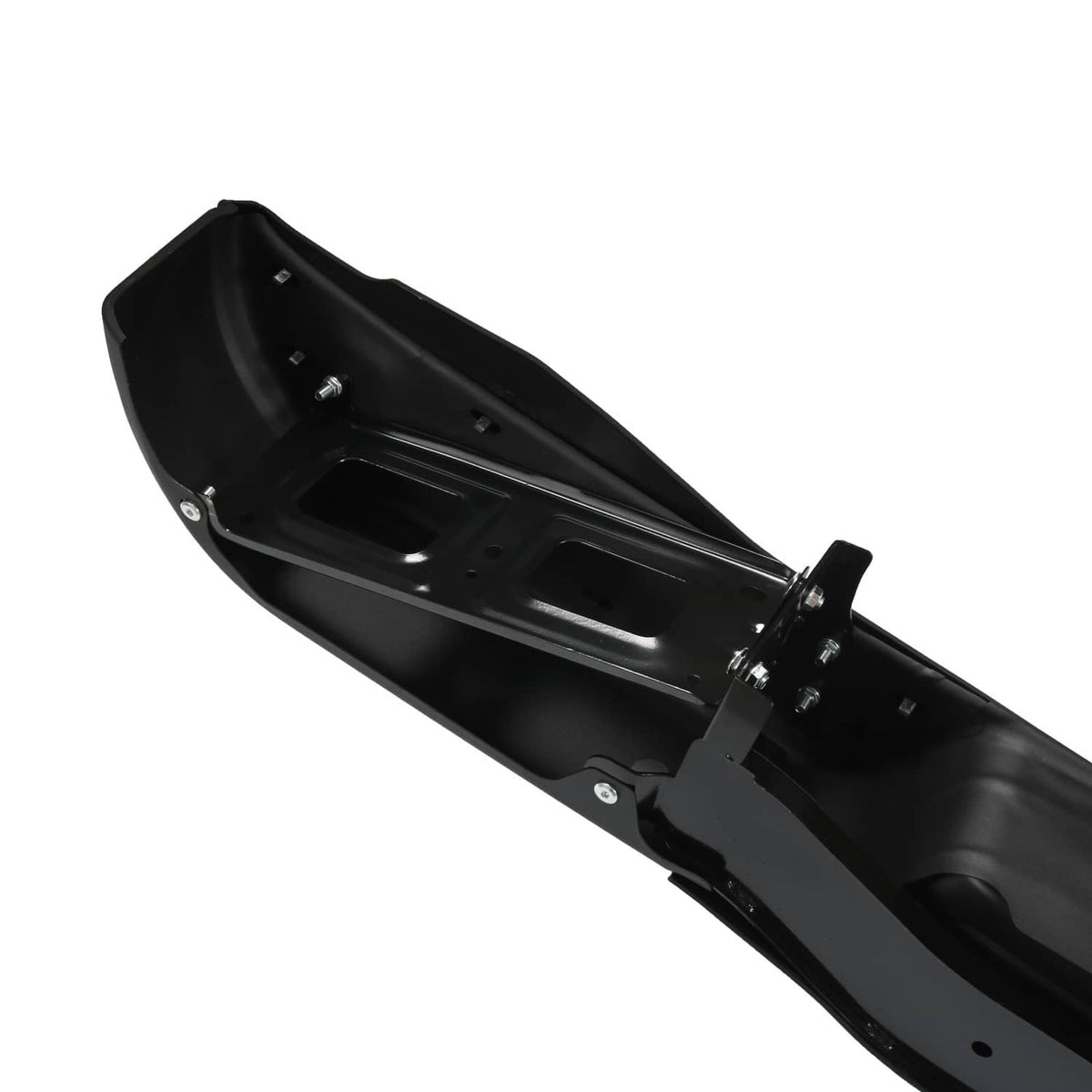 Black rear step bumper inner channel with mounting holes and support brackets