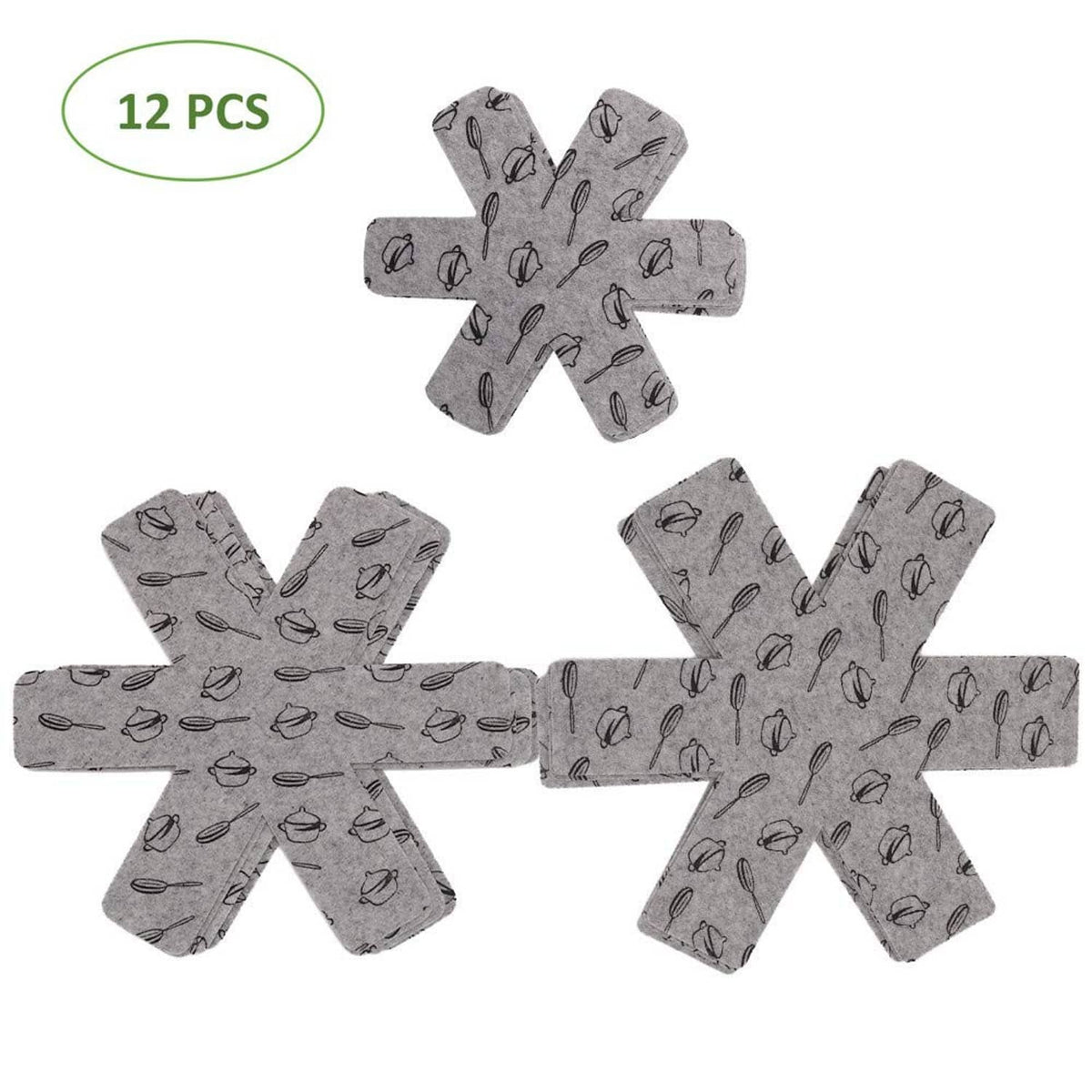 Gray utensil-pattern pot and pan protectors set of 12, assorted cross pads