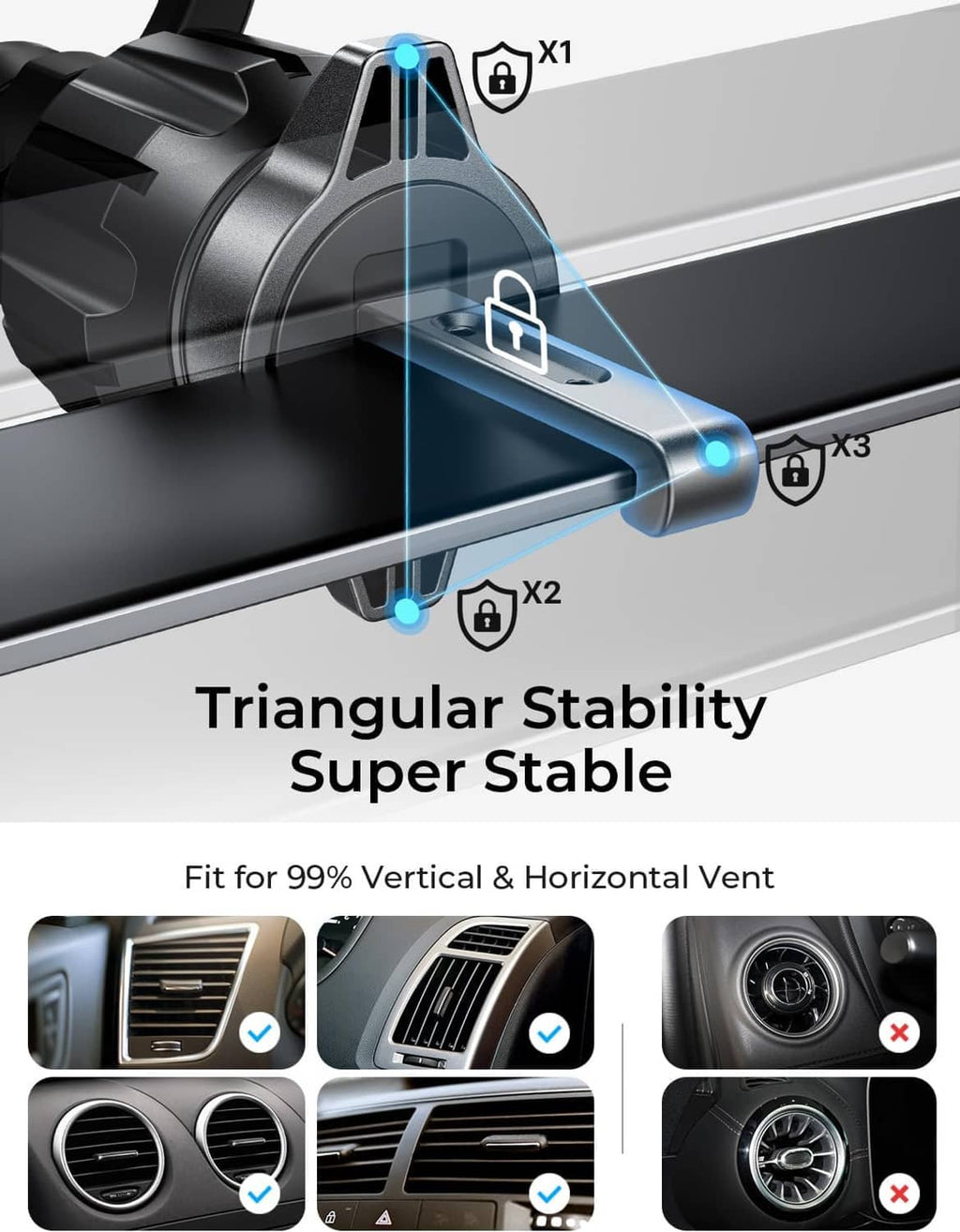 Triangular-stable magnetic car phone vent mount with secure locking mechanism