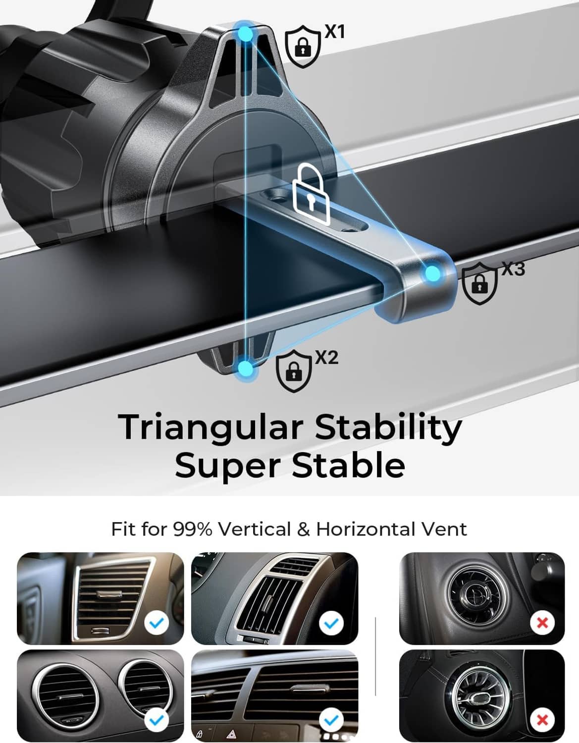 Triangular-stable magnetic car phone vent mount with secure locking mechanism