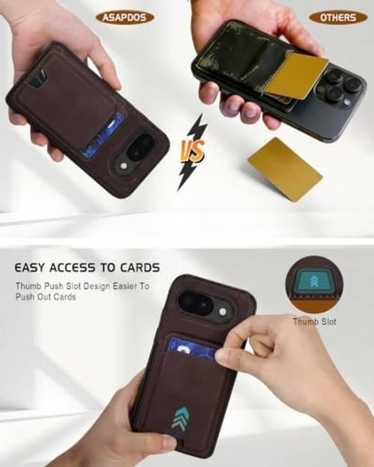 Brown detachable wallet phone case with easy-access card slots and thumb pull