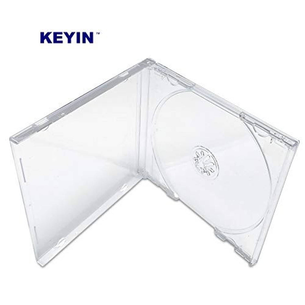 Clear CD jewel case opened in a V shape, showing disc tray and hub centerpiece.