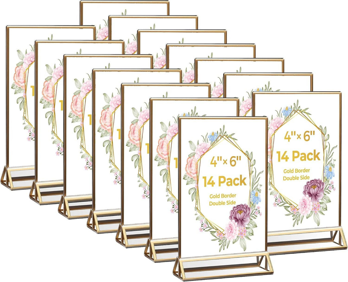 Four-by-six gold acrylic sign holders, 14-pack, transparent front with gold tent bases