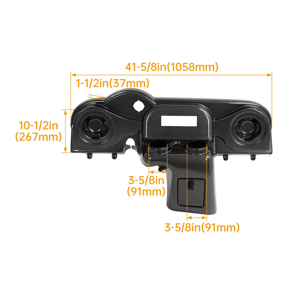 Carbon-fiber style dash cover dimensions shown for radio, speaker openings, and storage pocket
