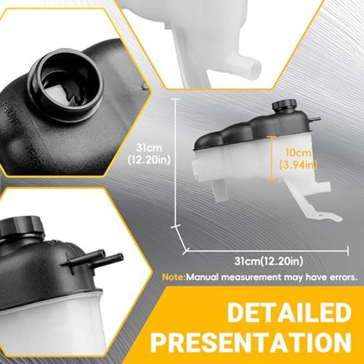 Coolant reservoir tank with black cap opening and side hose outlet, detailed view