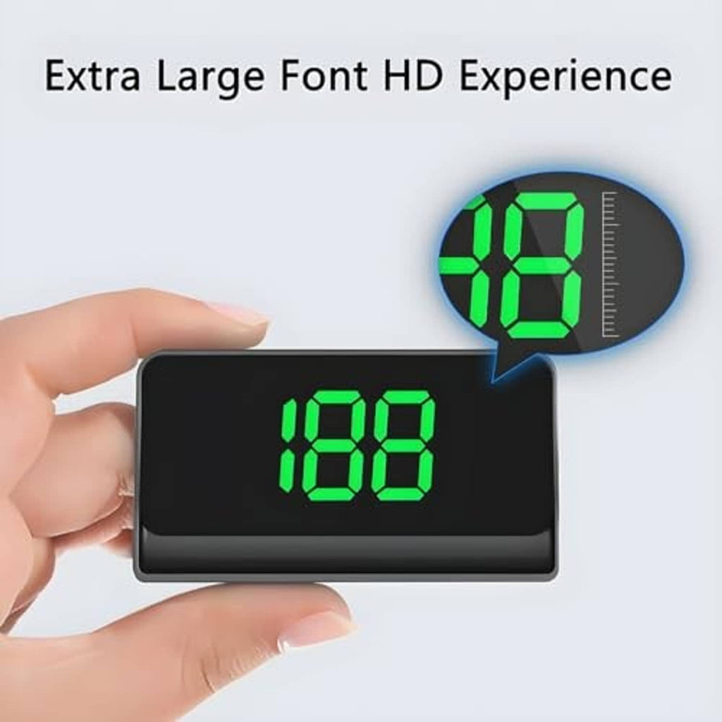 Car head-up display speedometer with green “188” digits held by a hand