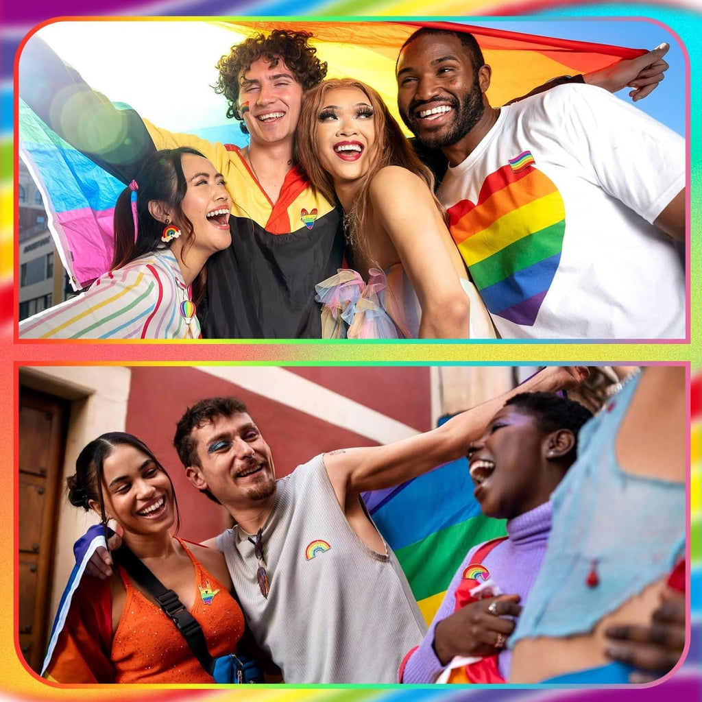 Rainbow Pride enamel pins attached to people’s clothing with rainbow flags in view.