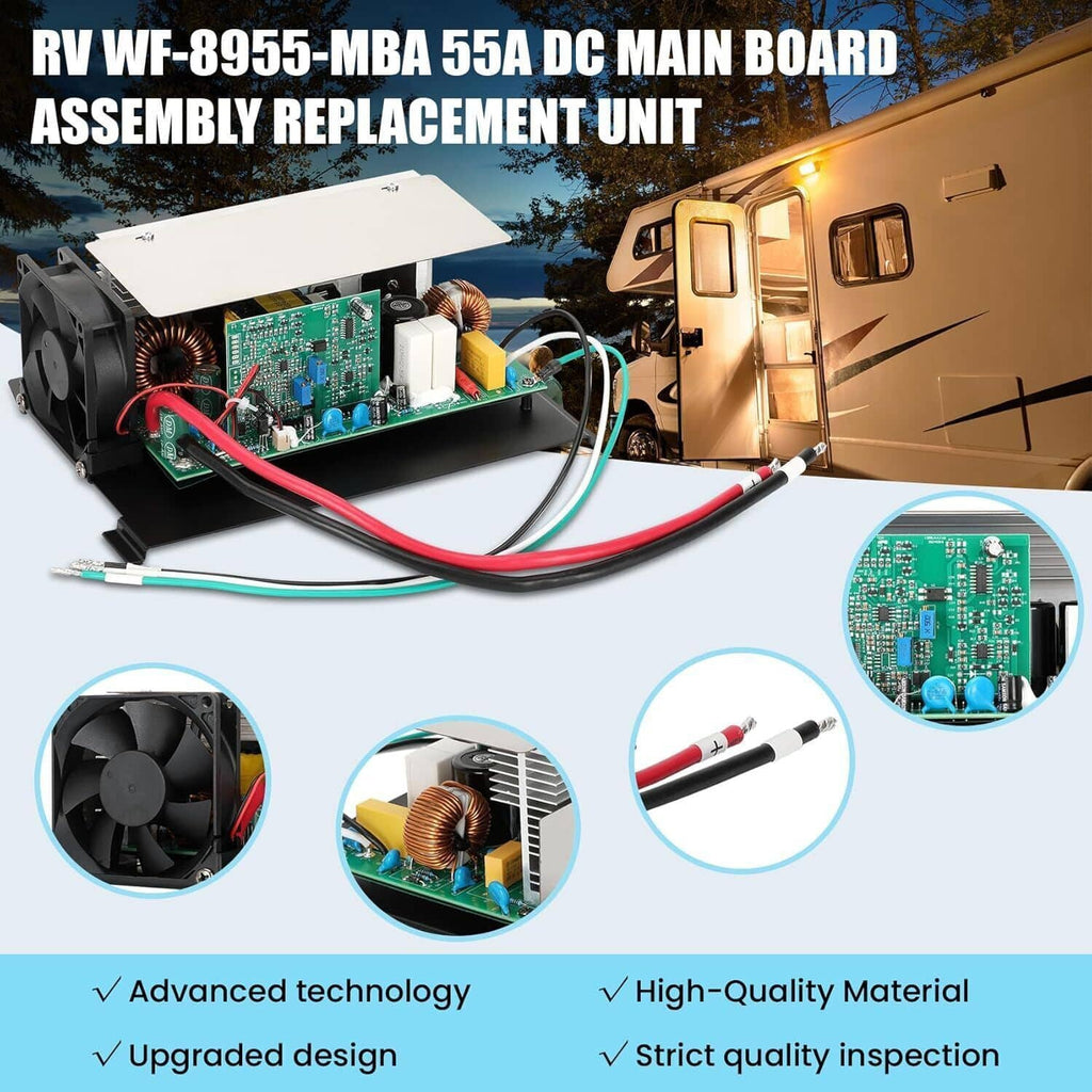 RV power converter main unit with green circuit board, copper coils, and thick red power cable.