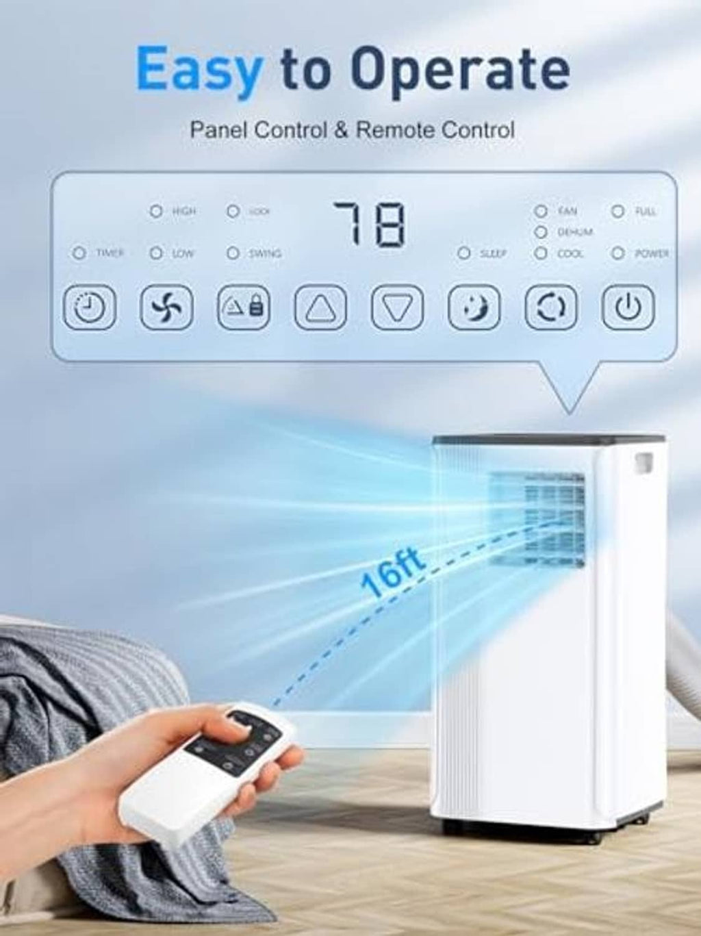 White portable air conditioner with control panel and handheld remote
