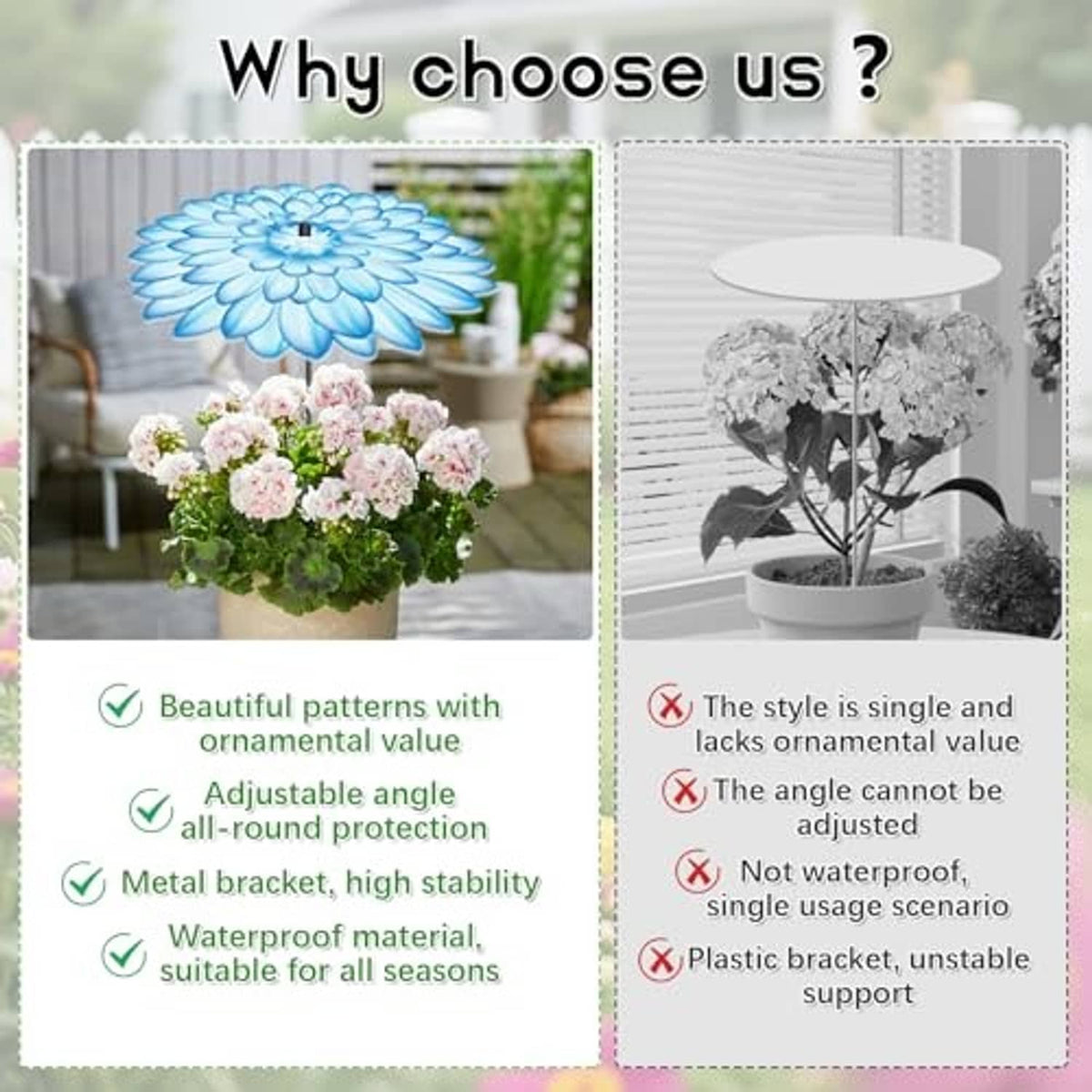 Corrugated plastic flower plant umbrella with adjustable angle shown in a comparison graphic