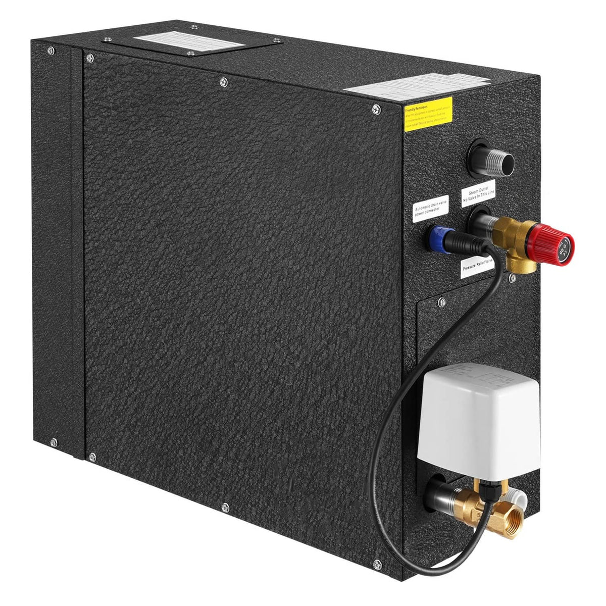 Black sauna steam generator control box with pipe fittings and colored connectors on side