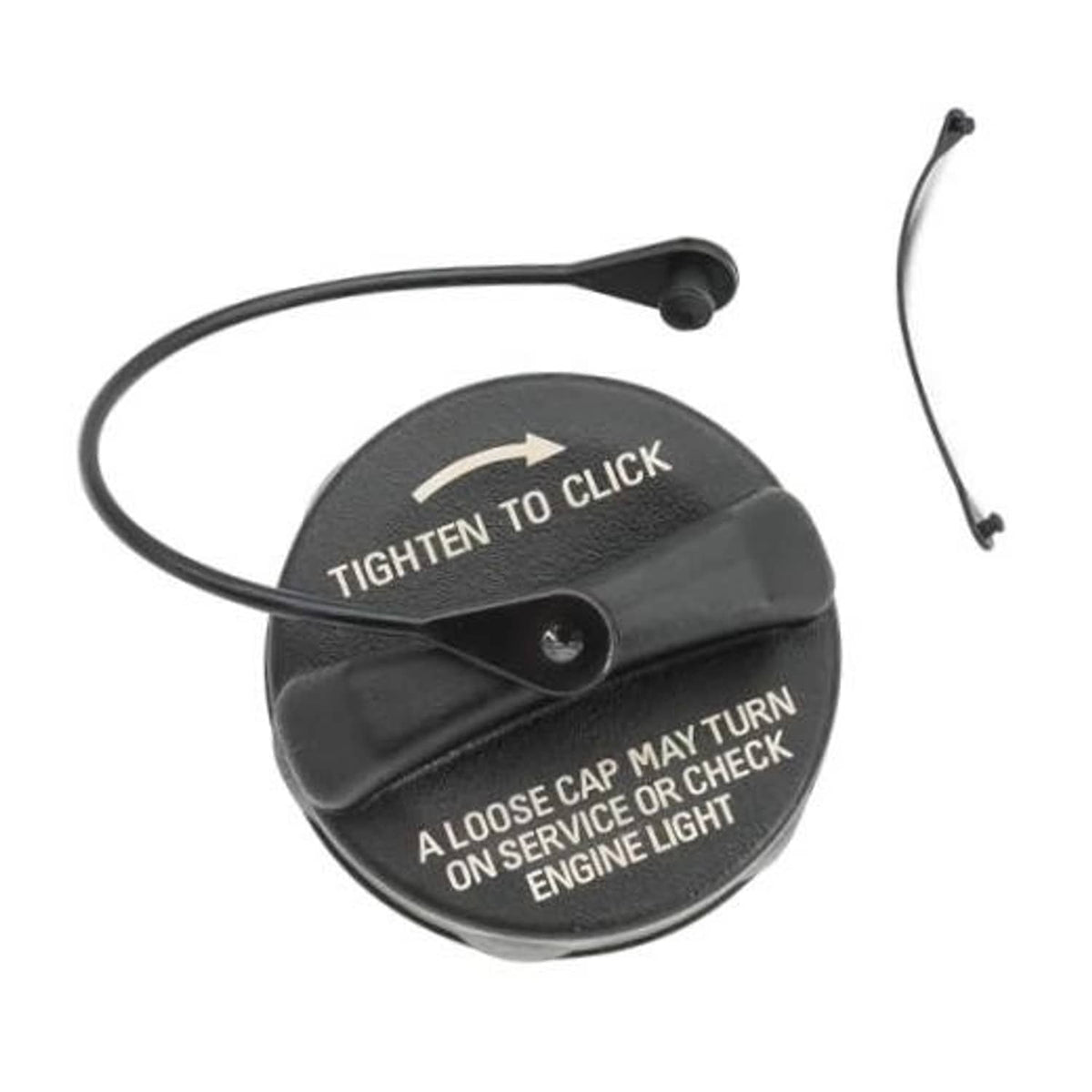 Fuel gas cap with tethered pull handle, black plastic screw-top opening
