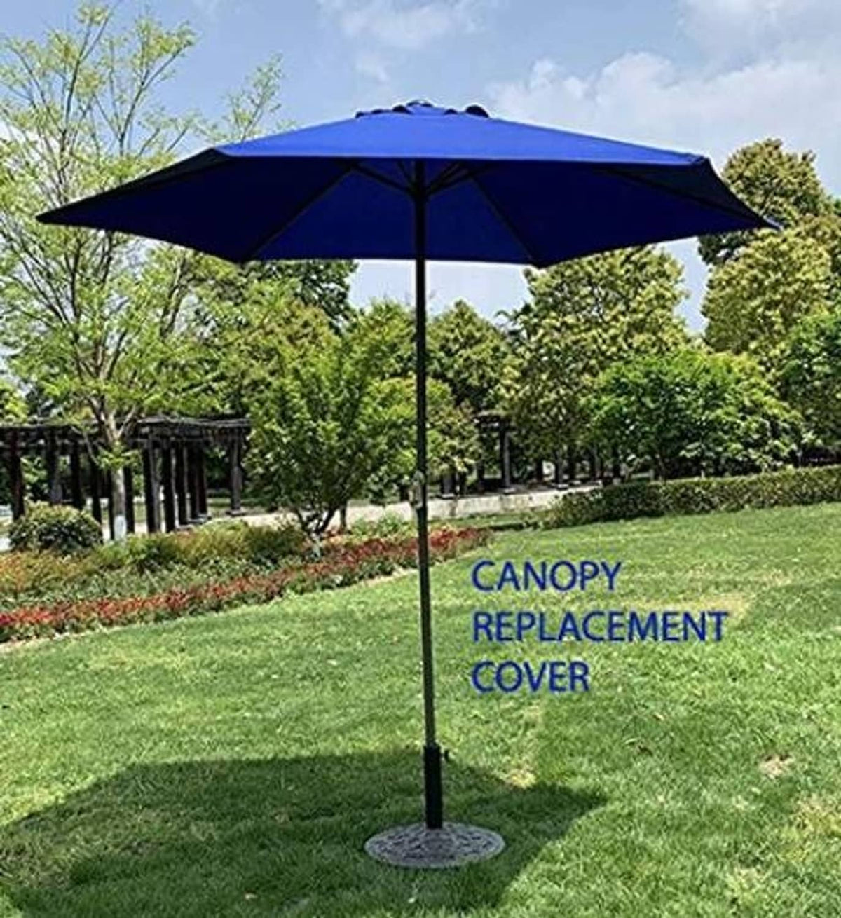 Royal blue umbrella replacement canopy over pole, open with center button and ribs