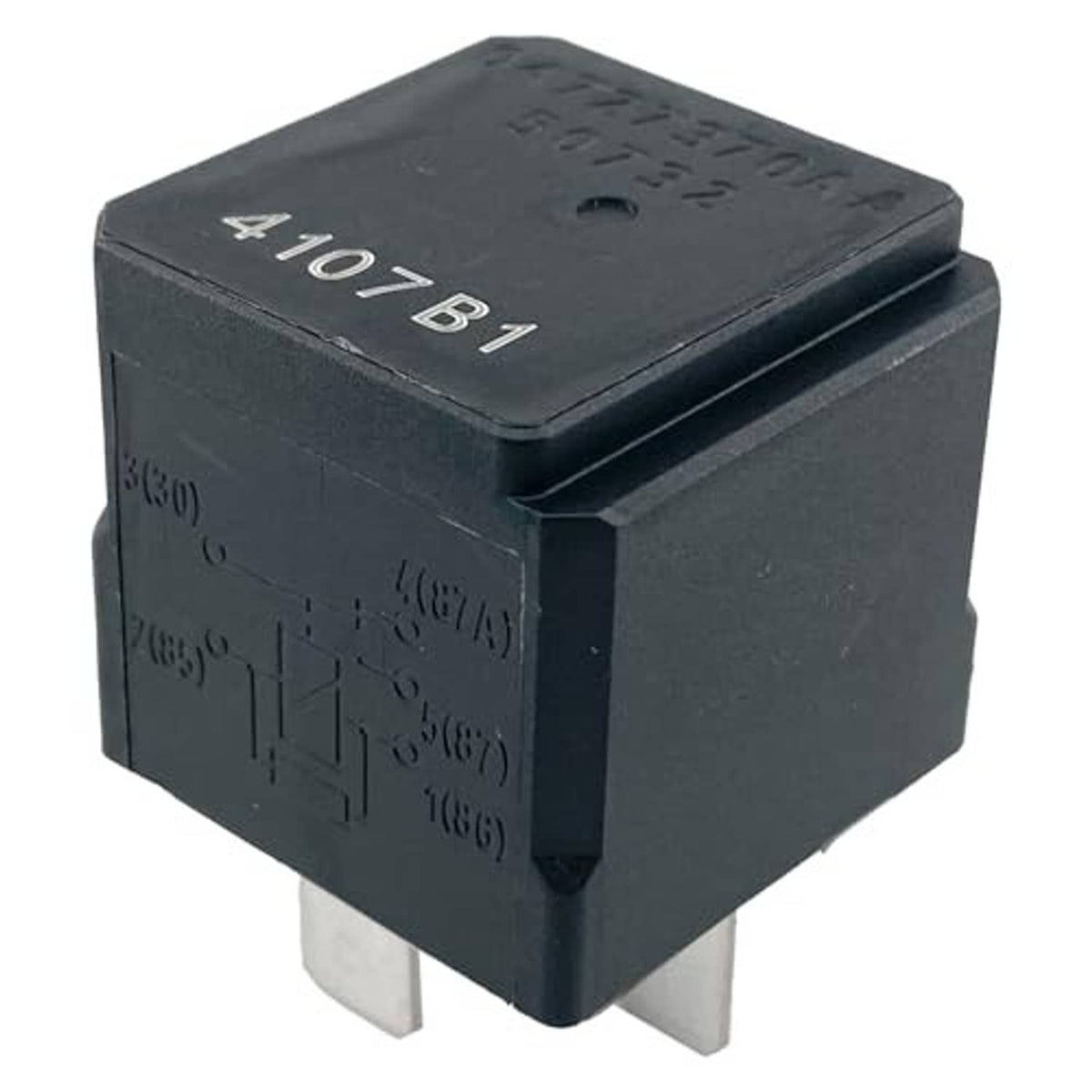 5-pin automotive relay, dark blue housing with printed code and two bottom spade terminals