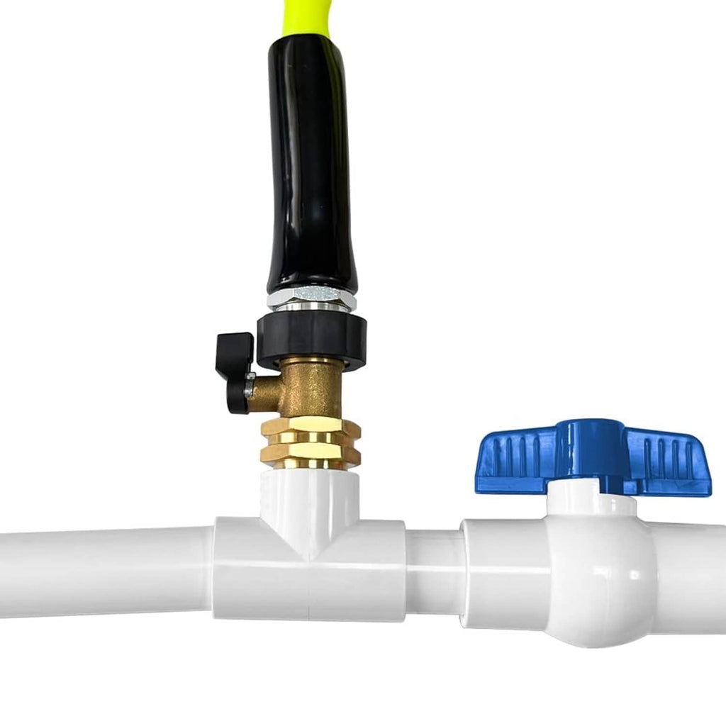 PVC drain line cleaner fitting with brass valve, blue handle, green-black inlet tube