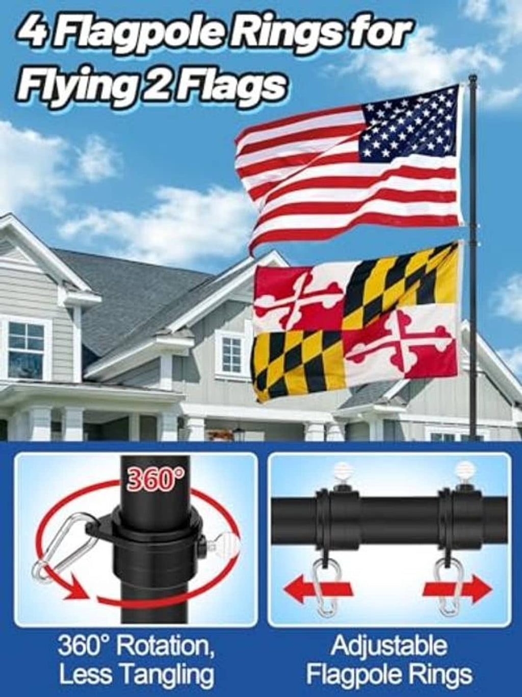 Black flag pole with adjustable rings for two flags and 360-degree rotation
