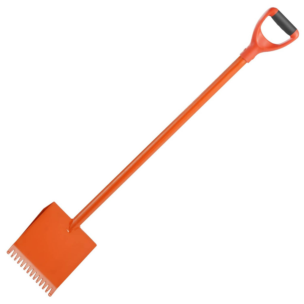 Roof shingle stripper shovel with orange handle and serrated steel blade head