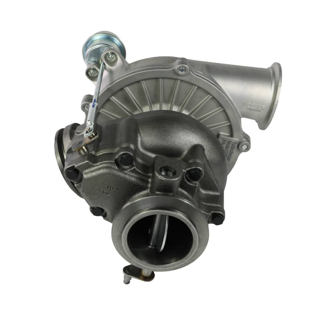 Turbocharger close side view with circular intake opening and vacuum actuator bracket