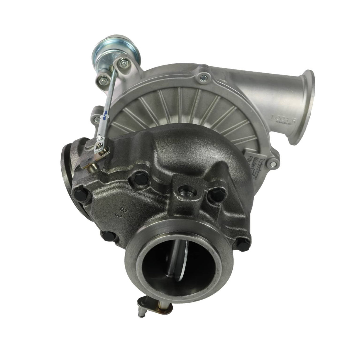 Turbocharger close side view with circular intake opening and vacuum actuator bracket