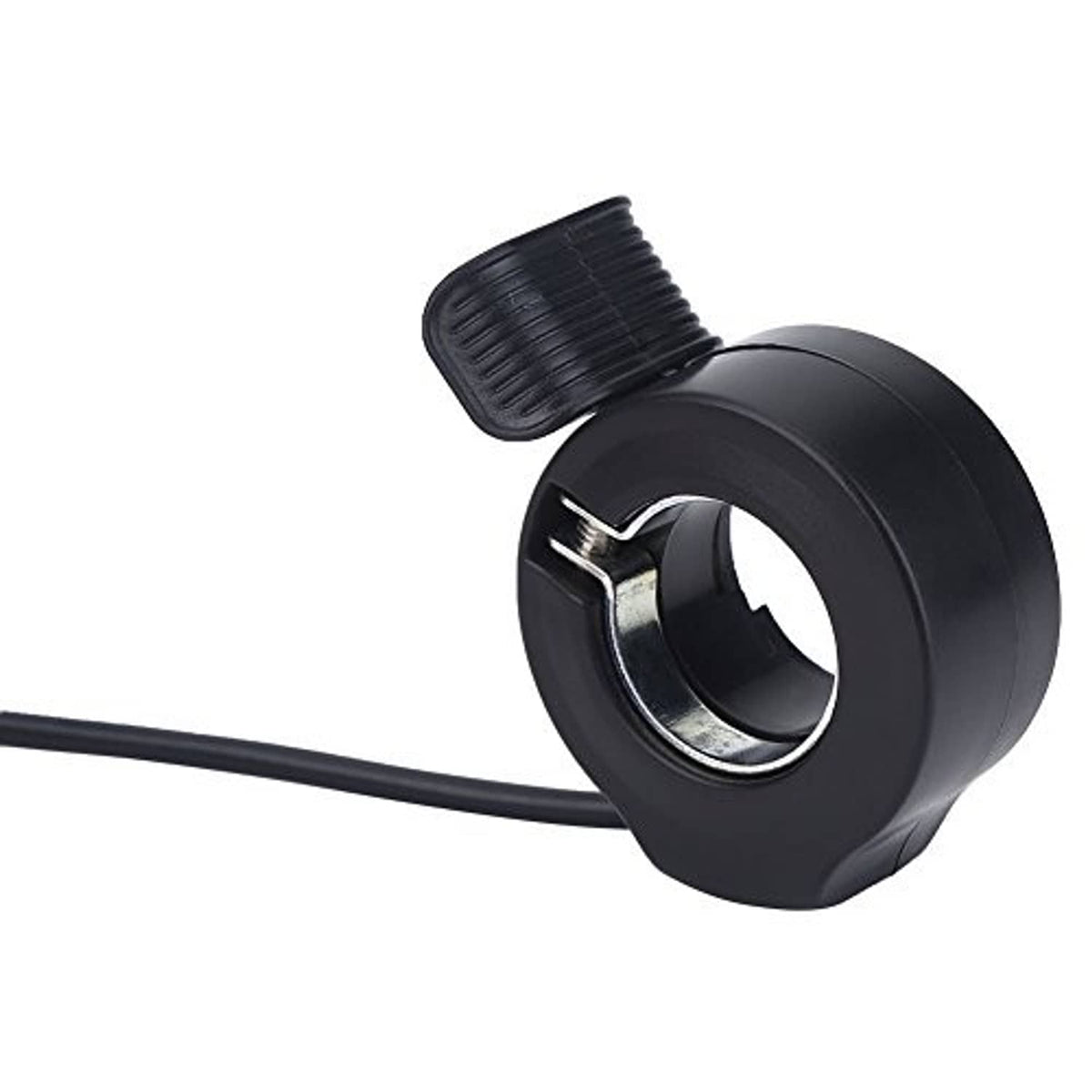 Black thumb throttle grip with metal contact insert and ribbed lever pad