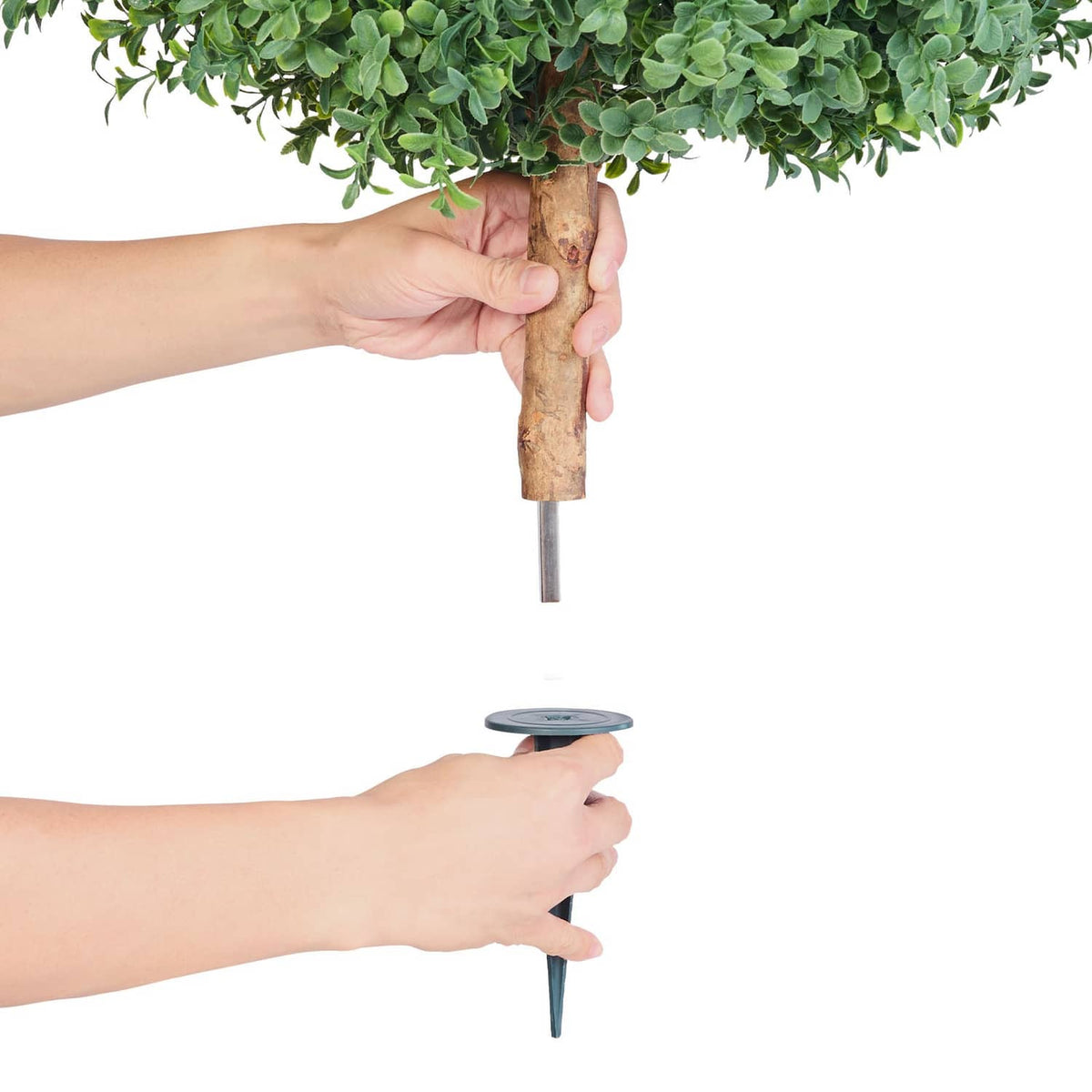 Artificial boxwood topiary with faux foliage and metal ground spike