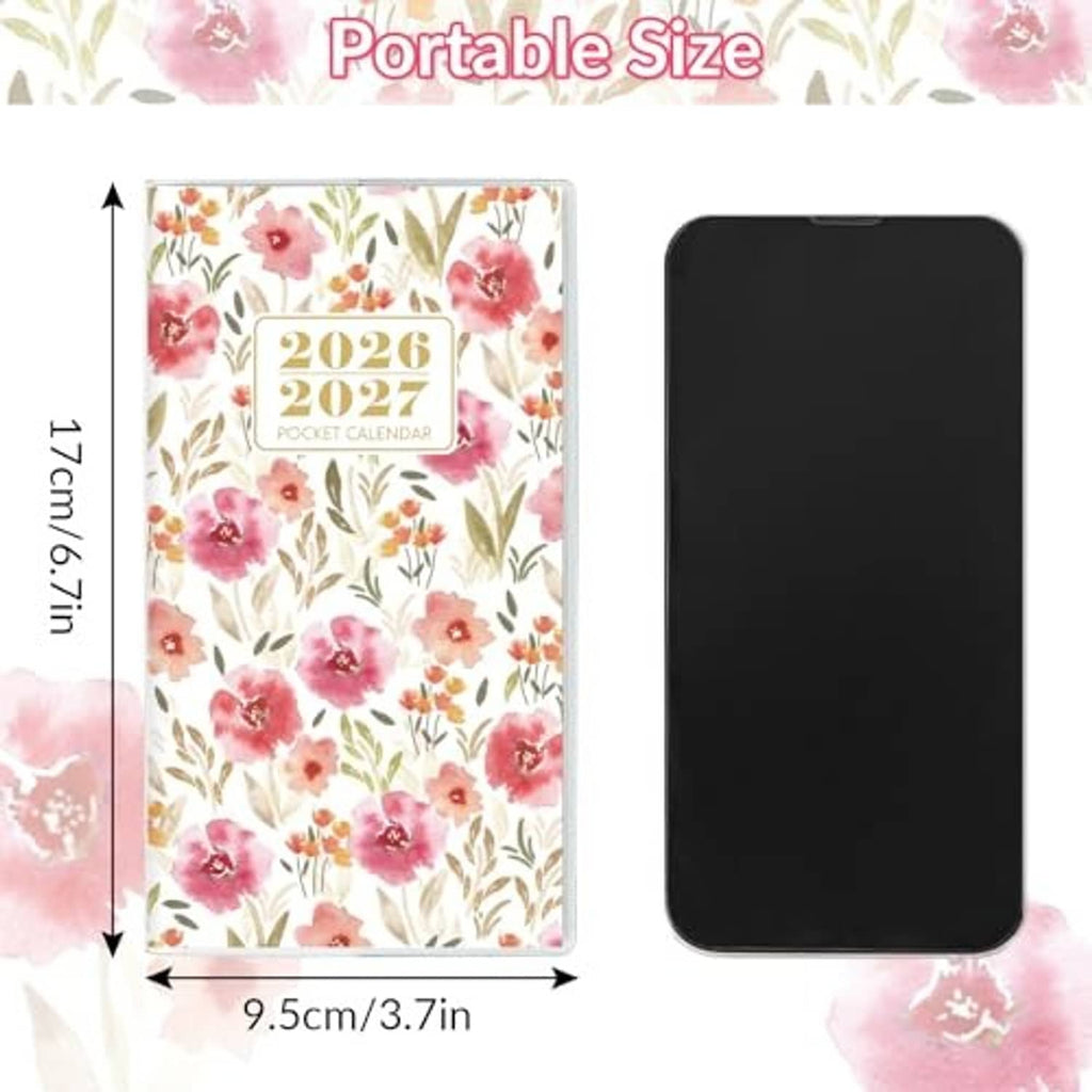 Portable pocket calendar showing size 9.5cm x 17cm, with floral front and black back