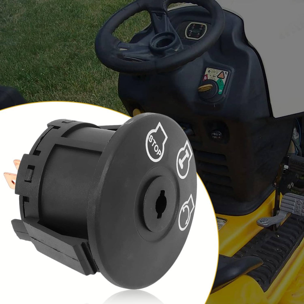 Black ignition switch housing with key ring and switch face, 3-position